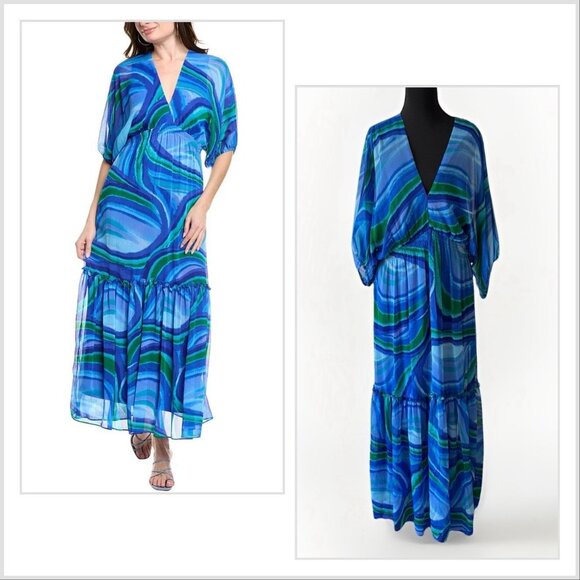 Taylor Women’s Dolman Sleeve Maxi Dress Abstract Blue Women’s 16 Boho Resort NWT - Picture 1 of 16